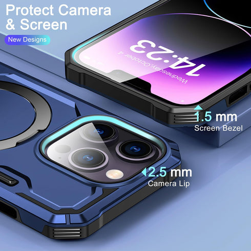 iPhone 13 Pro Max Case - Blue, MIL-Grade Dual Layer, Shockproof, Built-in Stand & Ring Holder, Compatible with MagSafe.