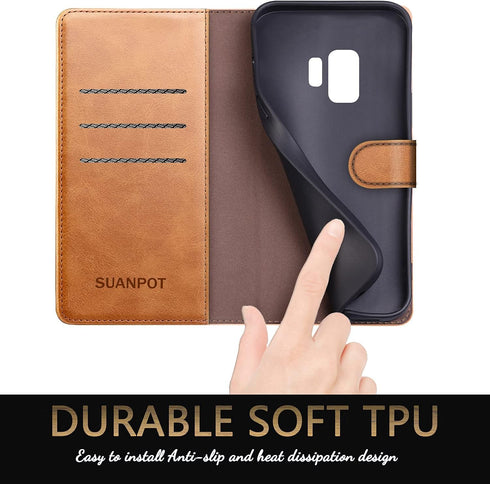 SUANPOT for Galaxy S9 Wallet Case - RFID Blocking Leather Flip Folio, Credit Card Holder, Shockproof Cover