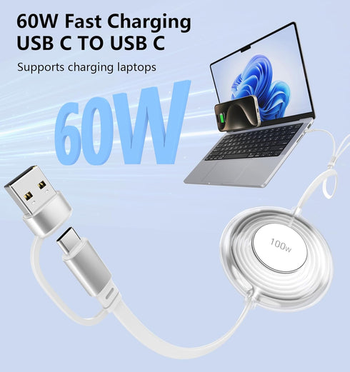 Retractable Charging Cable 100W, Multi 5 in 1 USB C Cable, Fast Charging Cord for iPhone 16/15/14/13, Samsung, MacBook,