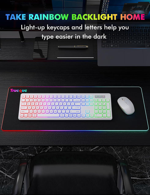 Wireless Keyboard and Mouse - RGB Backlit, Rechargeable & Light Up Letters, Full-Size, Ergonomic Tilt Angle, White