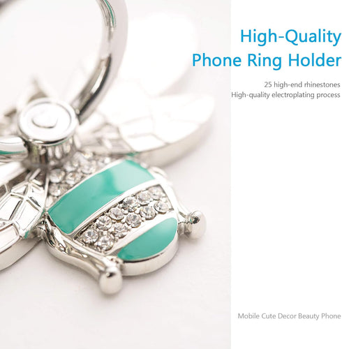 Allengel Bee Phone Ring Holder, Cute Finger Kickstand with Crystal for iPhone or Smartphone Cases, Silver Turquoise
