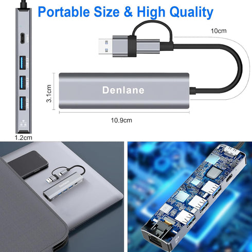 Denlane 3.0 5 2 4-Port 3.0 1000Mbps RJ45 USB C USB to Ethernet Adapter, in Gigabit USB Ethernet Hub for Laptop