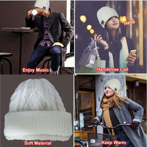 Wireless Beanie Hat with Headphone, Music Hat Winter Cap with Stereo Headset Speaker Microphone (White)
