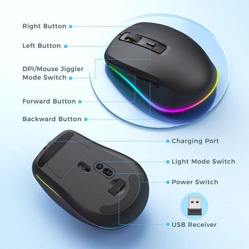 PEIOUS Wireless Mouse with Built-in Jiggler, Rechargeable Mover for Computer, Undetectable Random Movement - Black