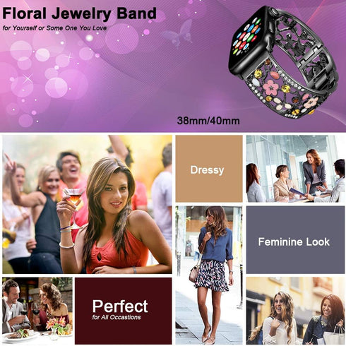 Floral Bracelet Compatible with Apple Watch Band 38mm 40mm 41mm 42mm iWatch Bands Series 10 9 8 7 6 SE, Bling Crystal