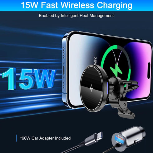 Magnetic Wireless Car Charger Mount, 15W Fast Charging Air Vent Holder for iPhone 15/14/13 Pro Max