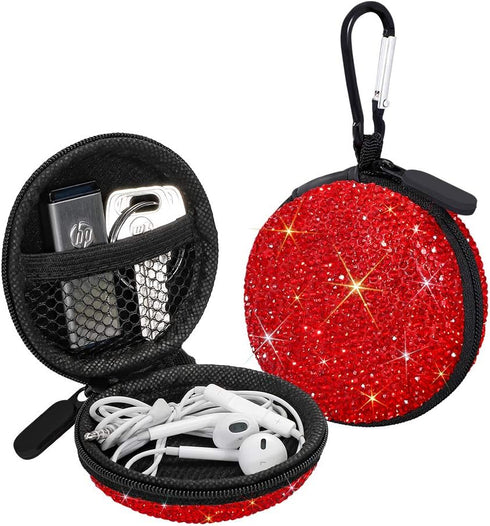 SAVORI Earphone Case - Bling Rhinestone Crystal Portable Headphone Organizer Pouch Bag with Carabiner, 1 Pack (Red)