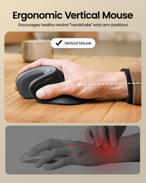 ProtoArc EM11 NL Wireless Ergonomic Vertical Mouse - Multi-Device, USB-C Rechargeable for Windows, Mac, Gray