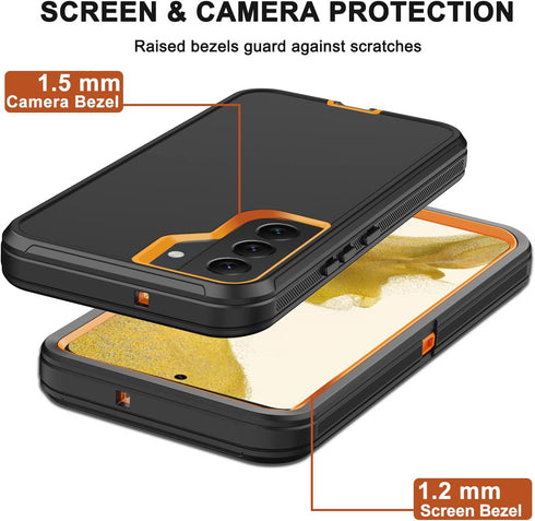 Samsung Galaxy S22 Heavy Duty Case with Belt Clip Holster, Rugged Shockproof Cover & 2X Screen Protectors (Orange)