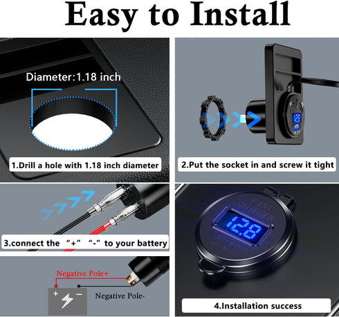 BATIGE 3 Ports Car Charger Socket, Dual 45W PD Type C & 18W QC 3.0 with Voltmeter for 12V/24V Car Boat Marine
