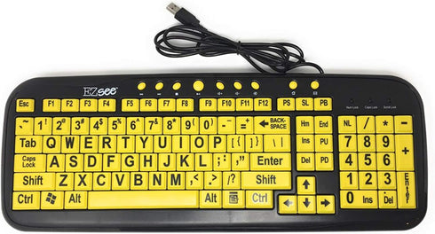 EZSee by DC Large Print Computer Keyboard USB Wired (Yellow Keys, Black Jumbo Print Letters) for Visually Impaired