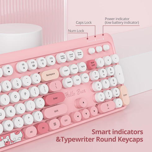 Typewriter Wireless Keyboard and Mouse Combo, 2.4G Office 104 Keys Full Size Retro Punk Keyboard with Round Keycaps