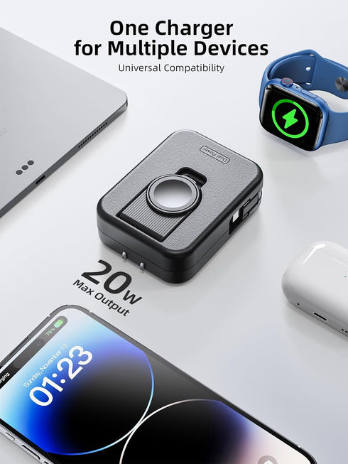 Apple Watch Charger Block, 2 in 1 Wall Charger with Built-in Retractable Charging Cable, Travel Foldable Plug
