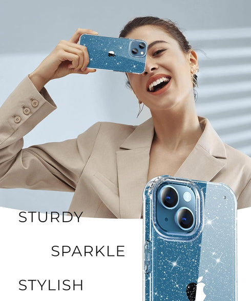 MIODIK iPhone 13 Case - Clear Glitter Shockproof Cover with Screen & Camera Lens Protectors for Women, 6.1 inch.
