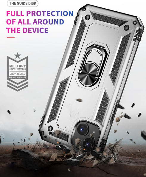 Military Grade Drop Impact Case for iPhone 14 Plus, 360 Metal Rotating Ring Kickstand Holder Armor Heavy Duty