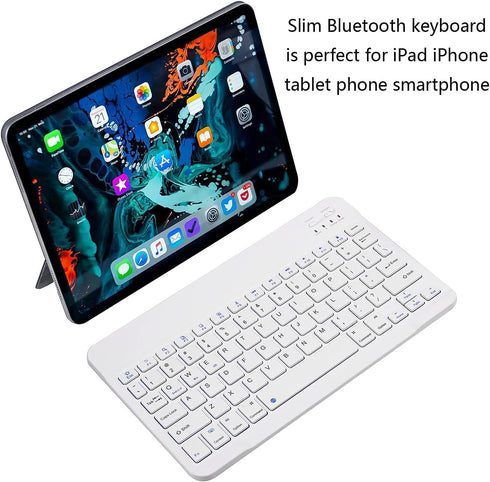 Ultra-Slim Bluetooth Keyboard Portable Mini Wireless Keyboard Rechargeable for Apple iPad iPhone Samsung Tablet Phone Smartphone iOS Android Windows (10 inch White)