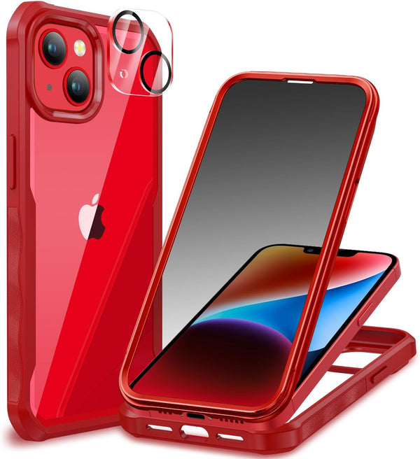 CENHUFO Red Case for iPhone 14/iPhone 13, Built-in Anti Peep Glass Privacy Screen Protector, Full Body Shockproof Cover