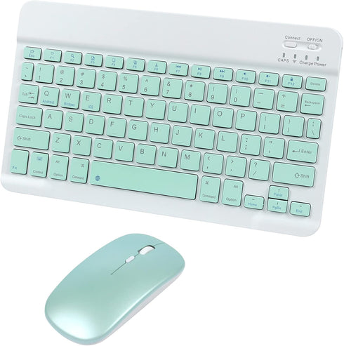 Bluetooth Wireless Keyboard and Mouse Combo, Ultra-Slim Ergonomic Rechargeable Set for Apple iPad iPhone Samsung (Green)