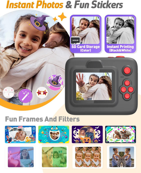 Kids Camera Instant Print, 2.4in Screen 1080P Digital Camera Toys for Kids Age 3-12, Christmas Birthday Gifts with 3