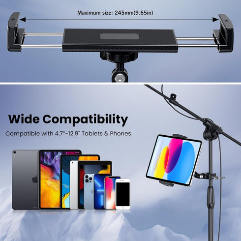 CreaDream 4.7 13 inch Tablet Holder for Microphone Stand, Aluminum Mic Music Stand Holder Mount for Phone and iPad