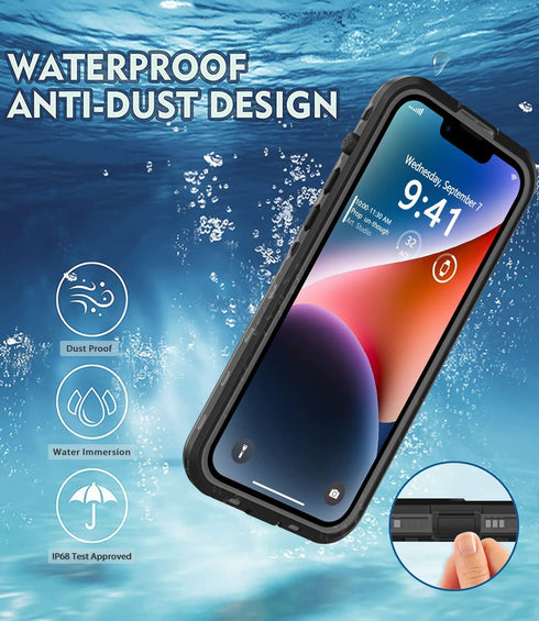 iPhone 14 Waterproof Case, Shockproof Dustproof with Built-in Screen Protector, Magnetic Ring (Black)