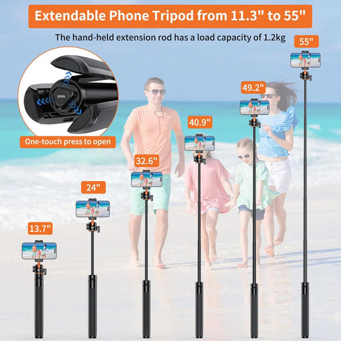 VRIG TP16 Camera Tripod - 55 inch Extendable Phone Selfie Stick Stand with 2 in 1 Phone Clip, 360° Ball Head