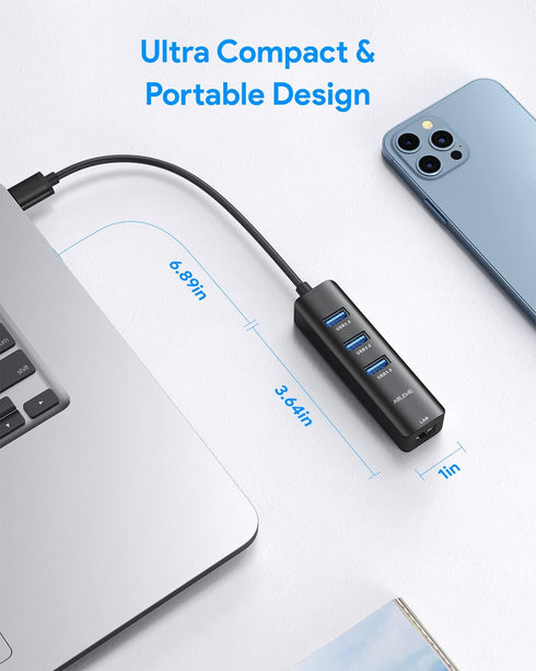 USB to Ethernet Adapter, ABLEWE 3 Ports USB 3.0 Hub with RJ45 1Gbps Gigabit Ethernet Adapter, for MacBook Air 2017,