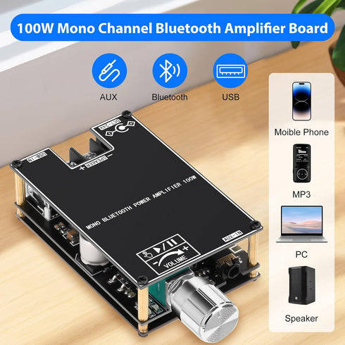 2PCS ZK-1001B Board,100W 7-24V, Daakro Bluetooth Amplifier Mono Channel Amp Board with TWS Pairing Function,DC