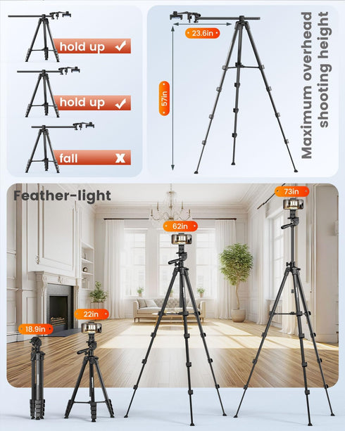 73" Phone Tripod with Horizontal Overhead, Selfie Stick/Tall Travel Tripod Stand with Wireless Remote and Holder