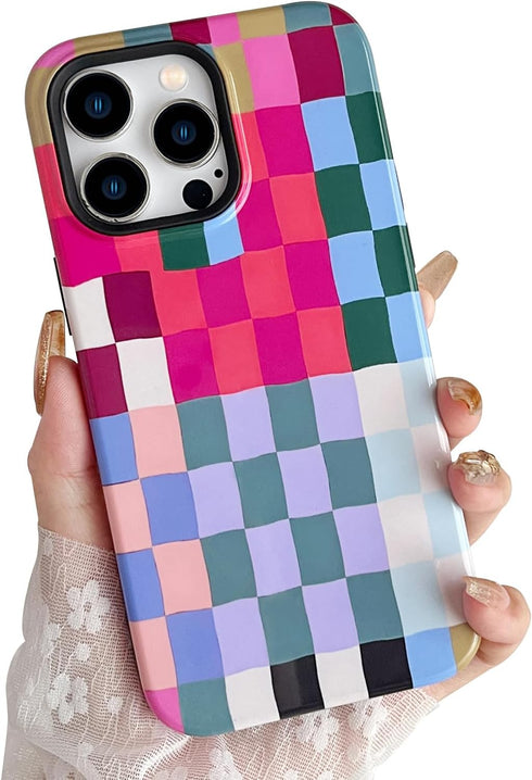 iPhone 12 / 12 Pro Case, Cute Colorful Checkered Shockproof Slim Soft TPU and Hard PC Protective Cases for Women/Men
