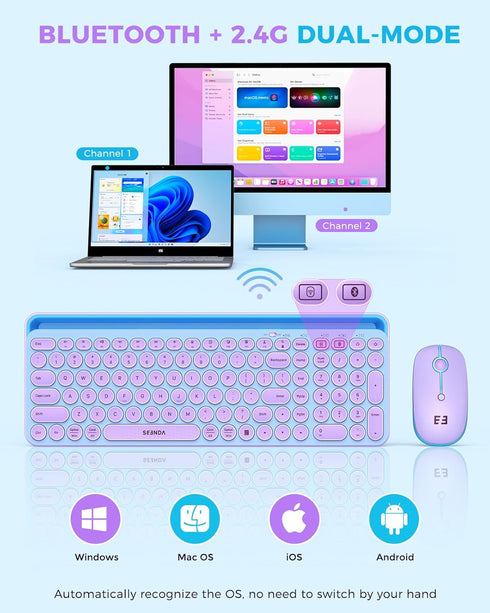 seenda Bluetooth Keyboard and Mouse for iPad, Multi-Device Wireless Keyboard Mouse with Tablet Holder, Blue & Purple