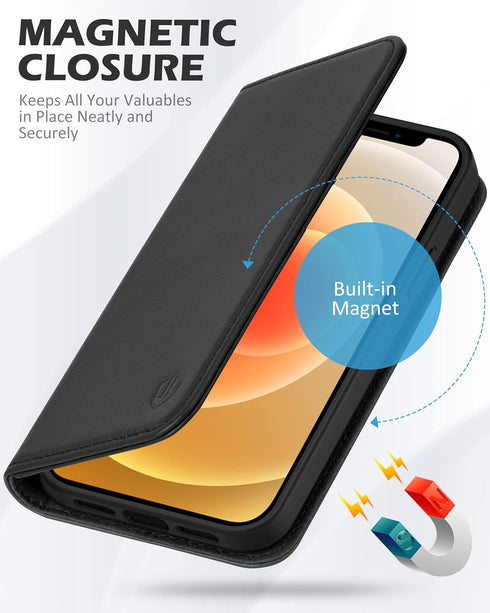 SHIELDON Case for iPhone 12/12 Pro 5G, Genuine Leather Wallet Case with RFID Blocking and Kickstand