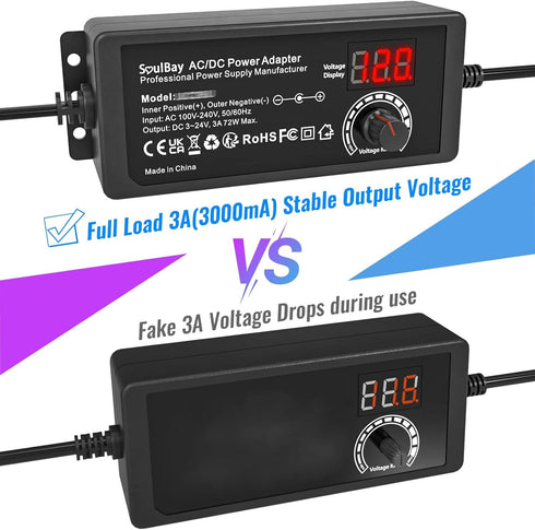 SoulBay Universal AC DC Power Supply Adapter, 72W 3V to 24V Output with Adjustable Voltage for Household Electronics