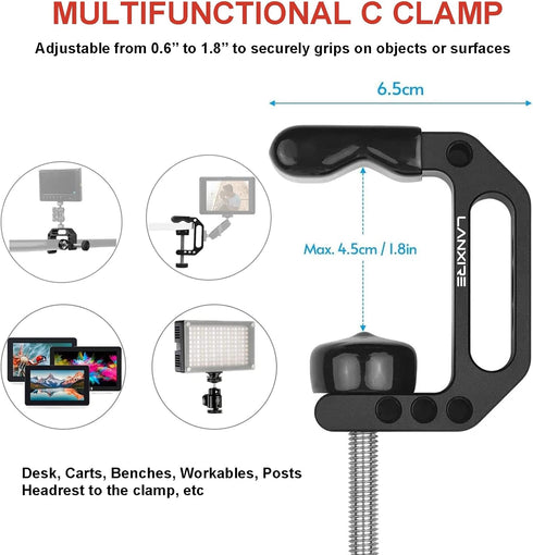 Camera Mount Clamp with Mini Magic Arm, 1/4" and 3/8" Threaded Holes for Camera, Action Camera, Flash, Light
