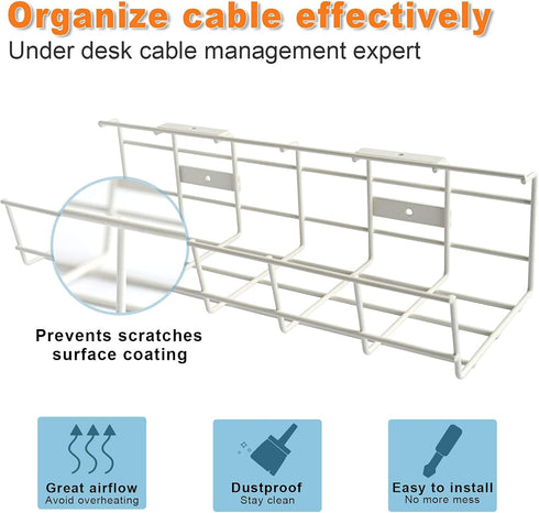 Under Desk Cable Tray - 2 Pack Cable Raceway for Wire Management, Metal Wire Organizer for Office, White