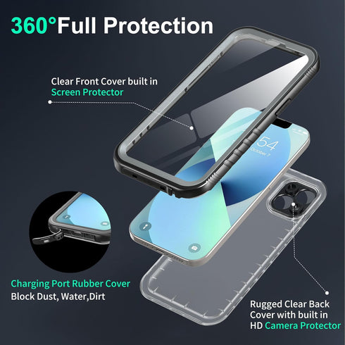 SOKUSIN Waterproof Case for iPhone 13, Shockproof Drop Proof Dustproof Clear Phone Case with Built-in Screen & Camera