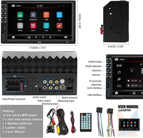 Leadfan 7" MP5/4/3 Car Stereo Double Din Touch Screen Car Radio Audio Receiver FM Radio Bluetooth Video Remote Control