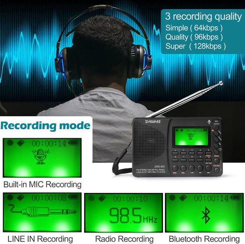 ZHIWHIS Portable Bluetooth Radio, FM AM Shortwave Radio with Sleep Timer, Rechargeable Digital Recorder, MP3 Player