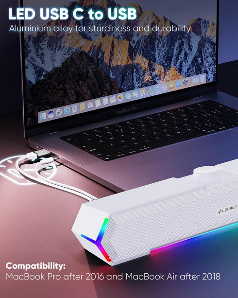 LENRUE G11 Computer Speakers, Touch Lights, USB C/USB Powered for Desktop PC Laptop Monitor (White)