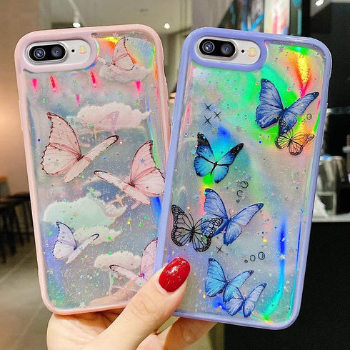 LCHULLE Girly Case for iPhone SE 2022/3rd/SE 2020/2nd, Iridescent Butterfly Design, Soft TPU Bumper