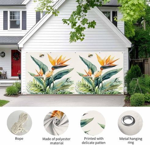 Jimehezon 8x6.9ft Summer Grommets Bird of Paradise Garage Door Banner Tropical Plant Bee Flower Botanical Garage Door