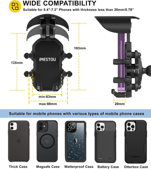 iMESTOU Anti-Vibration Motorcycle Phone Mount, Shock Damping Cellphone Holder with 720° Rotatable 1" Ball Base