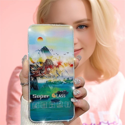 ?2 PACK? Diamond Luminous Edge Tempered Glass Film for iPhone 15Pro Screen Protector, 1 Clear HD + 1 Anti Spy, Case