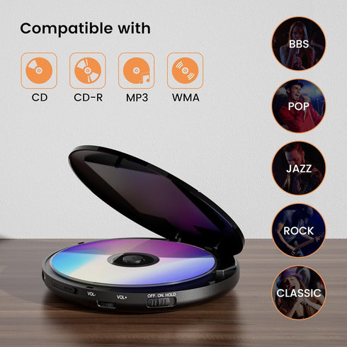 Hernido 5 Discman Portable CD Player with Headphone, Rechargeable CD Player for car, Compact CD Walkman with EQ Sounds