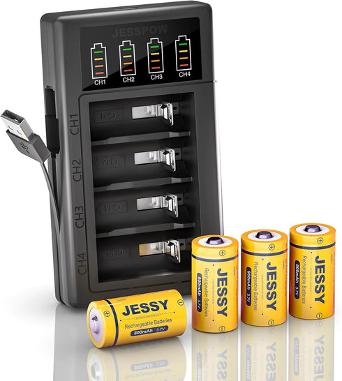 JESSY 4 Pack CR123A Rechargeable Batteries - 3.7V 123A Lithium Battery and Charger for Arlo Cameras, Flashlights,