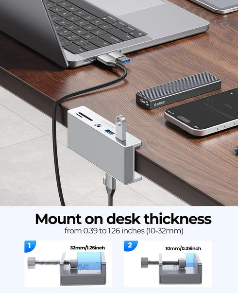 ORICO USB Hub 3.0, Clamp USB C Adapter with Extra Power Port, 2 USB-A Data Ports, SD/TF Card Reader