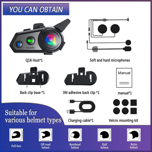 Q18 Motorcycle Bluetooth Headset with Music Sharing, 1000M Intercom for 2 Riders, CVC Noise Reduction, Hard/Soft Mic
