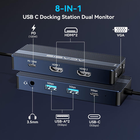 ACASIS Monitors,8-in-1 +2 5G USB-A/C+3.5MM Audio+PD100W, USB C Docking Station Dual Laptop Docking Station with Dual