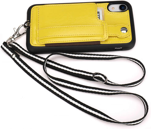 TOOVREN Wallet Case for iPhone XR with Lanyard Strap, Card Holder, Protective Cover with Stand, Yellow