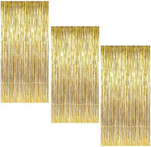 Gold Fringe Backdrop - 3 Pack Gold Foil Curtains for Birthday, Wedding, Bachelorette Party Decor